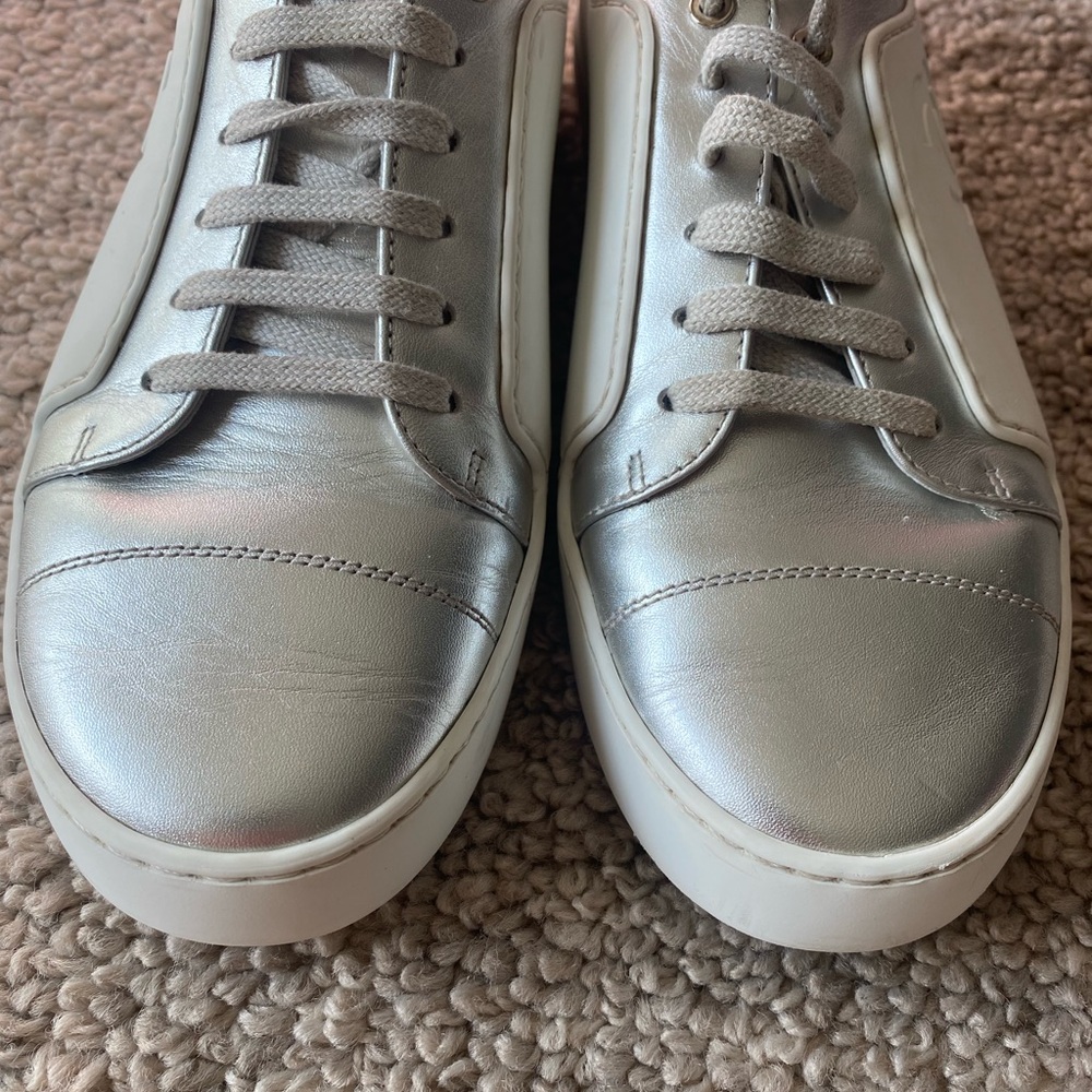 Chanel White Silver 7.5 Lace Chevre Sneakers Rubber Leather Made in Italy Coco - Picture 5 of 12